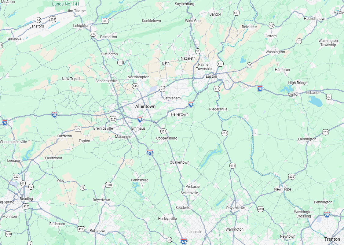 Map showing The East Coast Tile Guy service area within a 50-mile radius of Hellertown, Pennsylvania, covering the Lehigh Valley, Greater Philadelphia, and western New Jersey